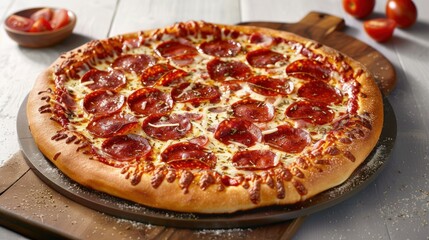 A delicious pepperoni pizza, topped with stretchy mozzarella cheese, slices of spicy salami, fresh tomatoes