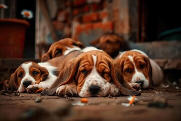 Adorable puppies resting together in a cozy rustic setting, surrounded by natural elements and exuding a sense of warmth and tranquility.