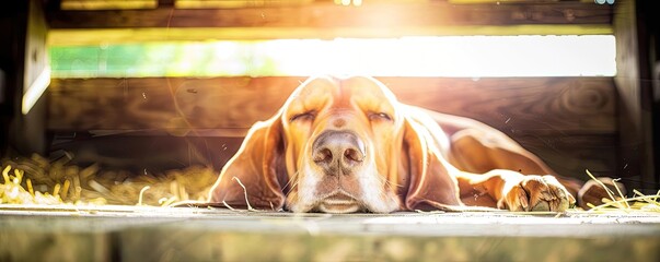 Relaxed dog lying down in a sunny spot, peacefully sleeping with warm sunlight streaming in, creating a serene and cozy atmosphere. - Powered by Adobe