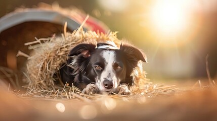 A peaceful black and white dog rests under hay, illuminated by a warm sunset, radiating a serene countryside vibe.