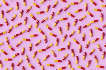 Many red and yellow pills on violet background. Top flat view, symmetrical grid. 3d render, illustration