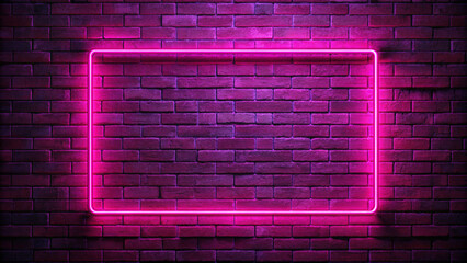 glowing pink neon rectangle on brick wall background, space for text