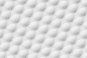 Many white eggs on white background. Top flat view, disorder. 3d render, illustration