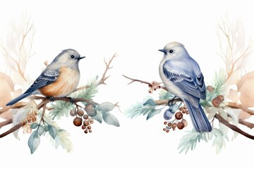 Elegant watercolor illustration featuring a pair of birds amidst foliage and berries