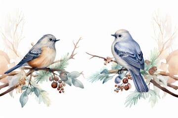 Fototapeta premium Elegant watercolor illustration featuring a pair of birds amidst foliage and berries