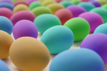Many colorful eggs on bisque background. Closeup view, macro shot, selective focuscloseup shot. 3d render, illustration