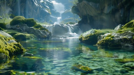 A super realistic image of a tranquil mountain stream with clear water and moss-covered rocks,