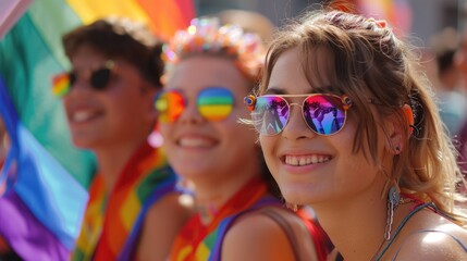 Young people celebrating pride LGBTQ day looking at camera blurred background