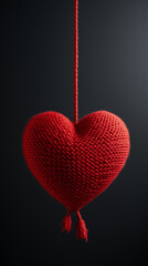 Knitted woolen red heart on a thread on a black background