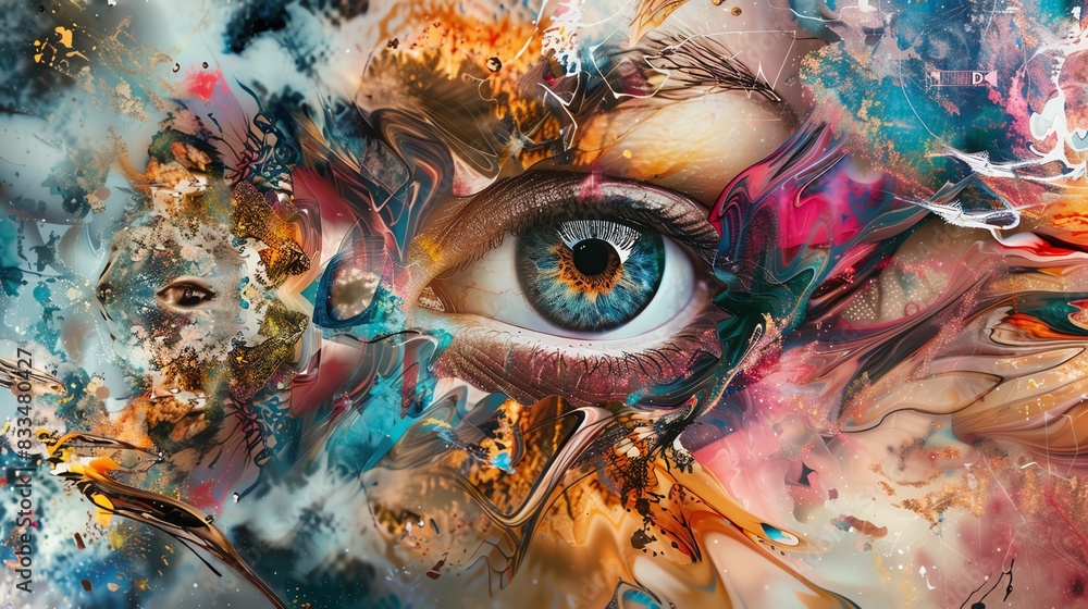 Poster abstract colorful digital painting featuring a mesmerizing human eye, blending vibrant swirls and pa