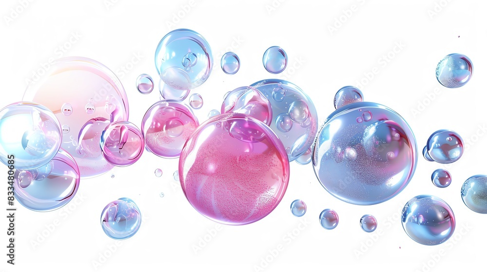 Poster colorful soap bubbles floating on a white background, creating a vibrant and whimsical atmosphere. i