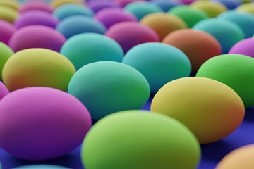 Many colorful eggs on navy background. Closeup view, macro shot, selective focusmacro shot. 3d render, illustration