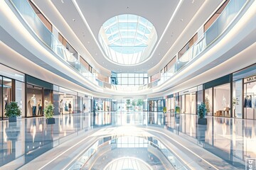 A large, empty shopping mall with a white ceiling and white walls with copy space