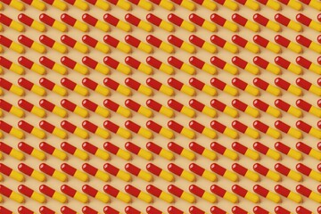 Many red and yellow pills on sandy brown background. Top flat view, vertical. 3d render, illustration