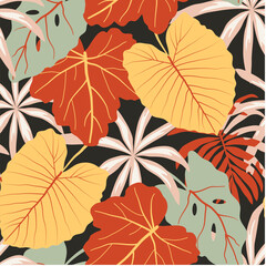 Obraz premium Abstract seamless tropical pattern with bright plants and leaves on a dark green background. Summer colorful hawaiian seamless pattern with tropical plants. Printing and textiles. 