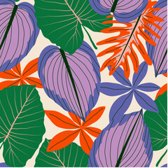 Abstract seamless tropical pattern with bright plants and leaves on a soft background. Vintage pattern. Seamless botanical pattern with plants. Exotic wallpaper.