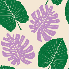 Abstract seamless tropical pattern with bright plants and leaves on a cream background. Beautiful exotic plants.  Jungle leaf seamless vector floral pattern background.