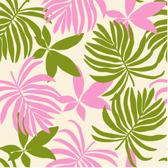 Abstract seamless tropical pattern with bright plants and leaves on a light yellow background. Beautiful print with hand drawn floral plants. Seamless botanical pattern with plants.