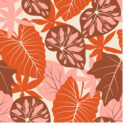 Abstract seamless tropical pattern with bright plants and leaves on a beige background. Exotic tropics. Summer. Jungle leaf seamless vector floral pattern background.
