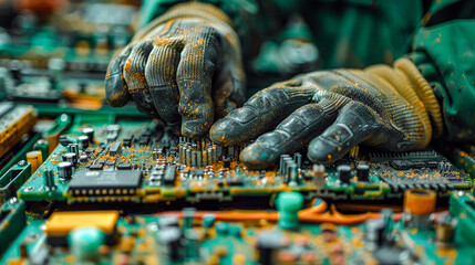 Dedicated Worker Sorting Electronic Waste A Focus on Recycling and Sustainability Efforts in an E-Waste Management Facility Highlighting Environmental Responsibility and Resource Recovery Wallpaper