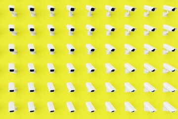 Many cctv on yellow background. Top flat view, cameras looking right. 3d render, illustration