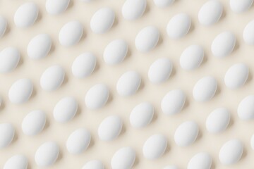 Many white eggs on bisque background. Top flat view, diagonal grid. 3d render, illustration