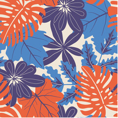 Abstract seamless tropical pattern with bright plants and leaves on a beige background. Modern abstract design for fabric, paper, interior decor. Beautiful seamless vector floral pattern.