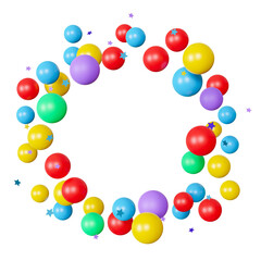 Vibrant round frame made of colorful balloons with stars, on transparent background. Ideal for kids birthday cards, children party invitations, and celebratory events. Copy space in the middle. 3D.