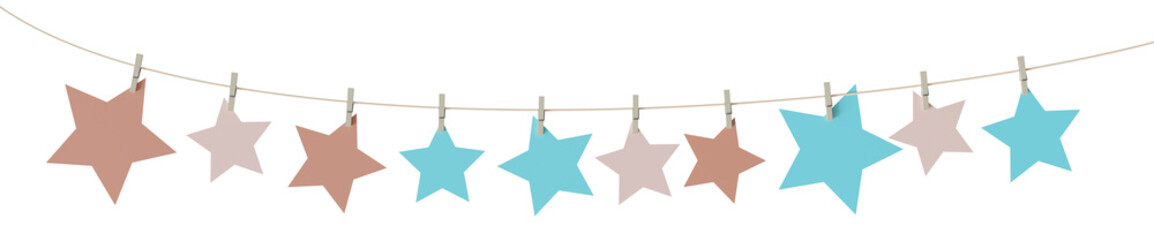 Charming garland featuring pastel colored stars delicately hanging on string, on transparent background. Can be used as divider, footer or header. Kids party, Happy Birthday, Baby Birth. 3D render
