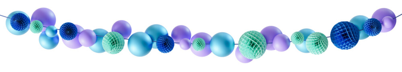 Stylish garland with blue and purple elements on transparent background. Can be used as divider, footer or header. Happy Birthday design element. Festoon. It s a boy, gender party. 3D render