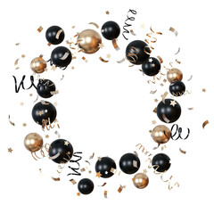 Black, gold balloons with festive confetti, stars perfect for glamorous celebrations, New Year's events. Circle with helium balloons, on transparent background. Copy space in the middle. Frame. 3D