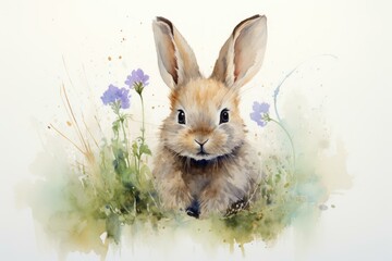 Hand-painted watercolor illustration featuring an adorable rabbit with delicate flowers on a soft background