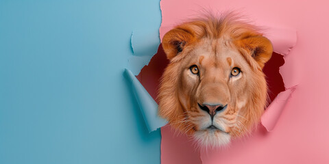 Lion's head breaking through a blue and pink paper background