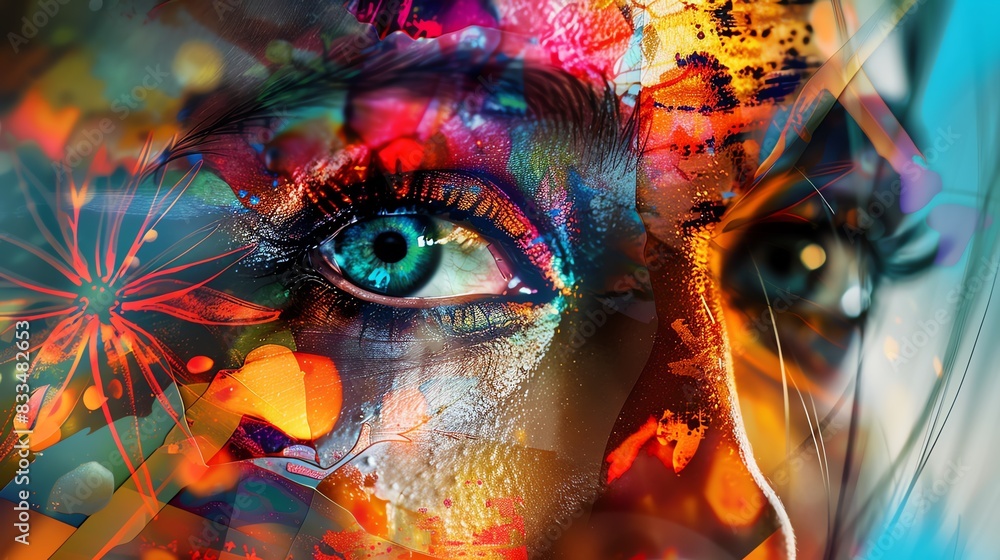 Poster vibrant and colorful abstract art combining human features with digital effects. a captivating fusio