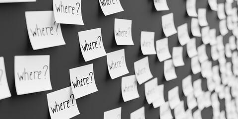 Many white stickers on black board background with question where? symbol drawn on them. Closeup view with narrow depth of field and selective focus. 3d render, Illustration