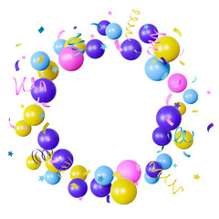 Vibrant round frame made of colorful balloons with festive ribbons and confetti, on transparent background. Ideal for kids birthday cards, children party invitations. Copy space in the middle. 3D