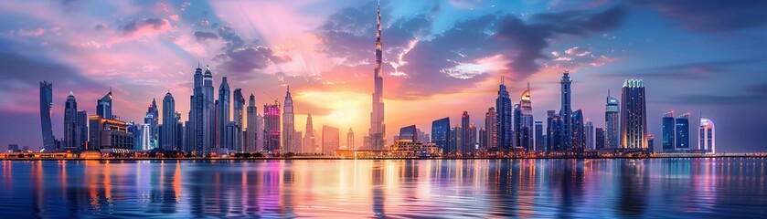 Fototapeta premium Dramatic city skyline at sunset featuring iconic spires and historic landmarks, vibrant colors, urban majesty, perfect for travel inspiration