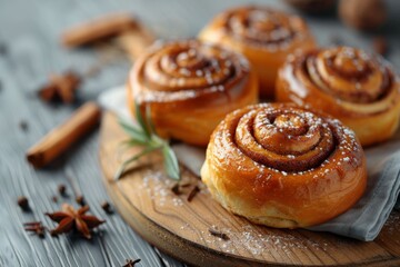 A plate of cinnamon rolls with powdered sugar sprinkled on top