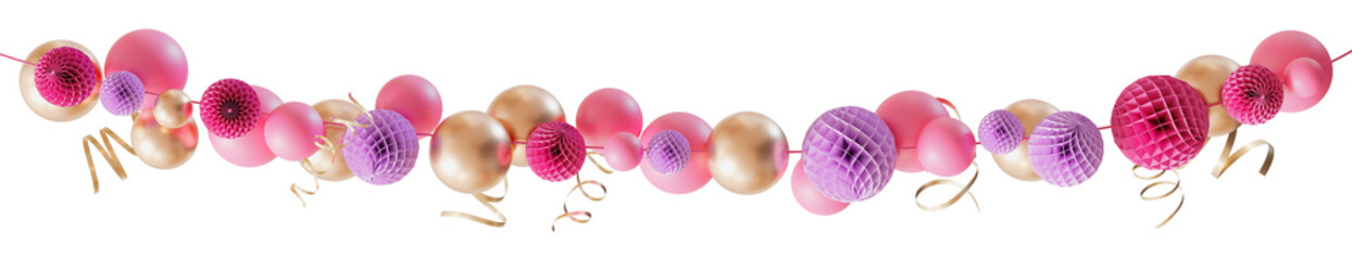 Stylish garland with pink purple and golden elements on transparent background. Can be used as divider, footer or header. Happy Birthday, Mothers, Womens Day. Festoon. Its a girl, gender party. 3D