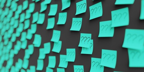 Many teal stickers on black board background with three question marks symbol drawn on them. Closeup view with narrow depth of field and selective focus. 3d render, Illustration