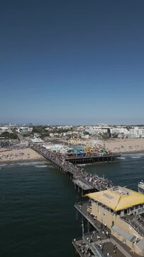 Aerial video of Pacific Park on the Santa Monica Pier in Santa Monica, California