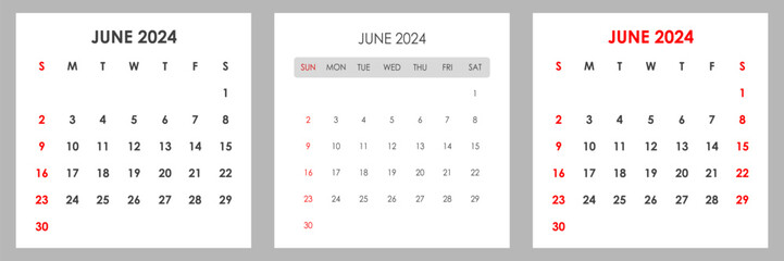 Set of calendars for June 2024. The week starts on Monday.
