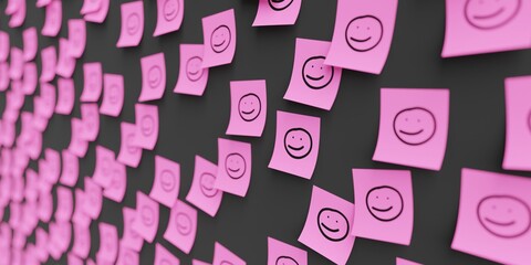 Many pink stickers on black board background with face symbol drawn on them. Closeup view with narrow depth of field and selective focus. 3d render, Illustration