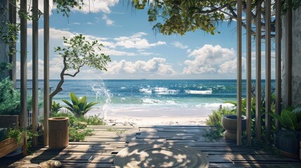 A picturesque scene of a gate opening to a stunning sea view, paired with a serene beach living...