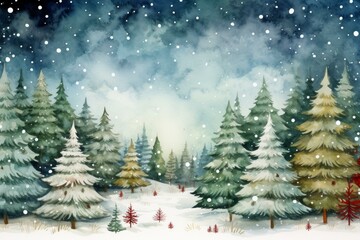 Obraz premium Enchanted winter forest watercolor painting capturing the snowy landscape, starry night sky, and whimsical snow-covered pine trees in a tranquil and serene nature illustration