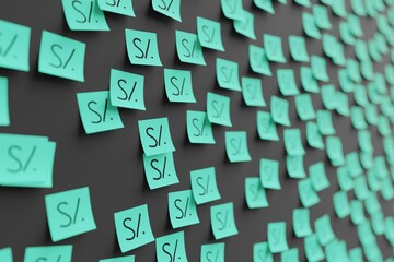 Many teal stickers on black board background with symbol of Peru sol drawn on them. Closeup view with narrow depth of field and selective focus. 3d render, illustration