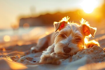Relaxing dog lying on sandy beach at sunset, basking in warm sunlight. Peaceful moment during...