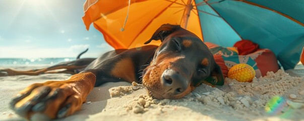 A relaxed dog lying under a sun umbrella on a sandy beach with toys, capturing a warm, sunny day and vacation vibes.