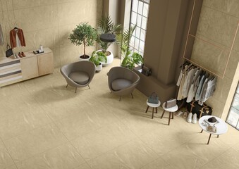 Interior of a fashionable clothing boutique full of an assortment of bags and accessories on display, beige walls, marble flooring, hanging clothes. Mockup. 3D Rendering