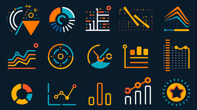 A set of 18 colorful data analysis icons. The icons are in a variety of styles, including line graphs, bar graphs, pie charts, and scatter plots.